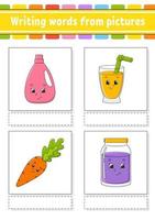 Writing words from pictures. Education developing worksheet. Activity page for kids. Puzzle for children. Isolated vector illustration. cartoon characters.