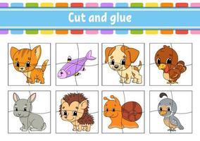 Cut and glue. Set flash cards. Color puzzle. Education developing worksheet. Activity page. Animal theme. Game for children. Funny character. Isolated vector illustration. cartoon style.