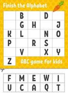 Finish the alphabet. ABC game for kids. Cut and glue. Education developing worksheet. Learning game for kids. Color activity page. vector