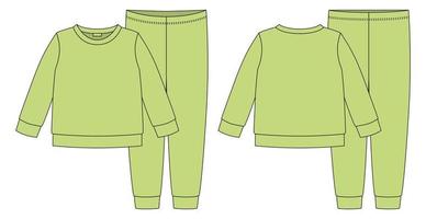 dibujo técnico de pijamas de ropa. color verde claro sudadera y pantalón de algodón para niños. vector