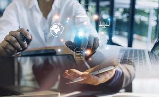 Online transactions, Businessman touching fingerprint scan provides security interface payment shopping banking and cloud computing network connection on virtual screen. photo