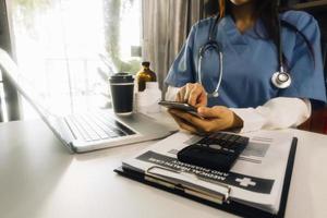 Double exposure of technology healthcare And Medicine concept. Doctors using digital tablet and modern virtual screen interface icons panoramic banner, blurred background. photo