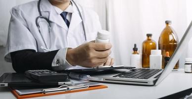 Double exposure of technology healthcare And Medicine concept. Two doctors using digital tablet and modern virtual screen interface icons panoramic banner, blurred background. photo