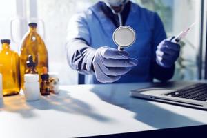 Double exposure of technology healthcare And Medicine concept. Doctors using digital tablet and modern virtual screen interface icons panoramic banner, blurred background. photo