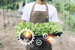 un hombre de negocios futurista cultiva verduras y cultivos usando tecnología moderna de inteligencia artificial usando teléfonos móviles, sensores de temperatura y humedad, rastreo de agua, control climático, íconos de datos holográficos. foto