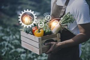 un hombre de negocios futurista cultiva verduras y cultivos usando tecnología moderna de inteligencia artificial usando teléfonos móviles, sensores de temperatura y humedad, rastreo de agua, control climático, íconos de datos holográficos. foto