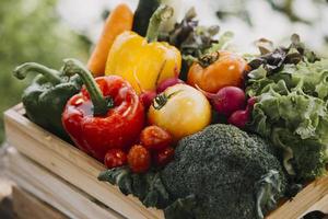 female farmer working early on farm holding wood basket of fresh vegetables and tablet photo