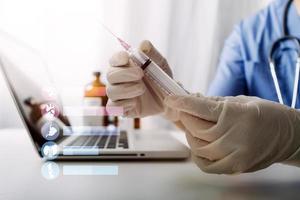Double exposure of technology healthcare And Medicine concept. Two doctors using digital tablet and modern virtual screen interface icons panoramic banner, blurred background. photo