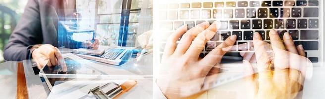Businessman and team analyzing financial statement Finance task. with smart phone and laptop and tablet. Wealth management concept photo