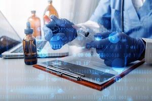 Double exposure of technology healthcare And Medicine concept. Doctors using digital tablet and modern virtual screen interface icons panoramic banner, blurred background. photo