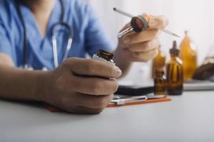 Double exposure of technology healthcare And Medicine concept. Doctors using digital tablet and modern virtual screen interface icons panoramic banner, blurred background. photo