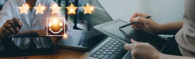 Customer evaluation feedback.men in suit Giving Positive Review for Client's Satisfaction Surveys.giving a five star rating. Service rating, satisfaction concept photo