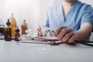 Double exposure of technology healthcare And Medicine concept. Two doctors using digital tablet and modern virtual screen interface icons panoramic banner, blurred background. photo