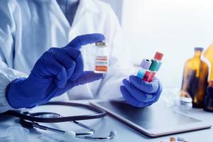 Double exposure of technology healthcare And Medicine concept. Doctors using digital tablet and modern virtual screen interface icons panoramic banner, blurred background. photo