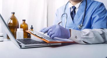 Double exposure of technology healthcare And Medicine concept. Doctors using digital tablet and modern virtual screen interface icons panoramic banner, blurred background. photo