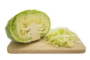 Closeup cabbage and cutted cabbage on wooden is isolated white background photo