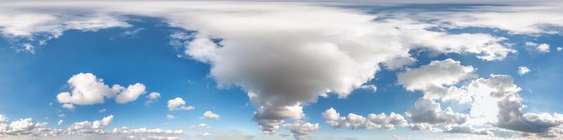 Seamless cloudy blue sky hdri panorama 360 degrees angle view with zenith and beautiful clouds for use in 3d graphics as sky dome or edit drone shot photo