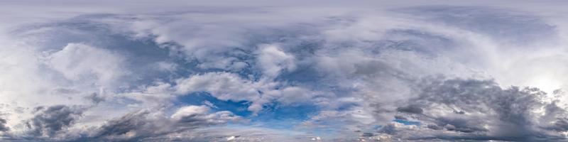 blue sky with beautiful dark clouds before storm. Seamless hdri panorama 360 degrees angle view with zenith for use in 3d graphics or game development as sky dome or edit drone shot photo