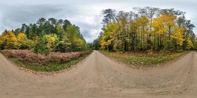 vista de ángulo de 360 grados de panorama hdri esférico completo sin fisuras en el camino de grava en el bosque de otoño con nubes grises en el cielo en proyección equirectangular, contenido vr ar. foto