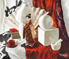 still life with Japanese doll, geometric shapes photo