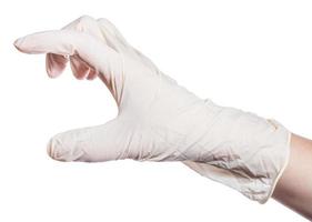 female hand in latex glove shows big size photo