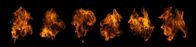 Fire collection set of flame burning isolated on dark background for graphic design usage photo