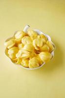 top view of slice of jackfruits in a bowl on table. photo