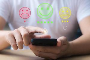 Satisfaction Survey Concept Reviews Customer Quality Assessment, Customer Rating on Smartphone, Service or Product Rating, 5 Star Rating. photo