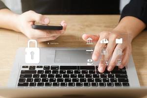 cybersecurity concept Global network security technology, business people protect personal information. Encryption with a padlock icon on the virtual interface. photo