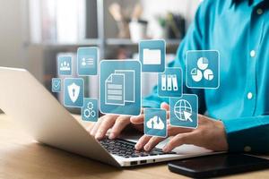 Document management concept. Virtual screen icons Document Management System DMS Online document database, software for efficient archiving, searching and management of company files and data. photo