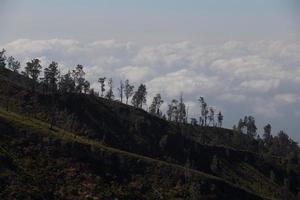 vista desde el bosque tropical con camino al volcán kawah ijen, java oriental, indoneisa foto