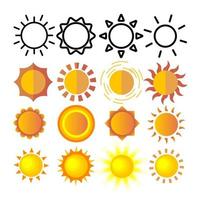 vector de conjunto de iconos de sol amarillo. señal de puesta de sol. luz del amanecer Calor de verano. rayo naranja objeto de temporada. gráfico climático brillante. línea, ilustración plana
