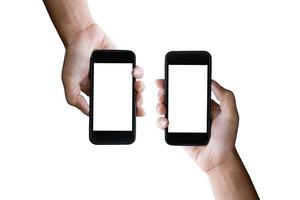 Man holding blank screen of a smartphone at the library. photo