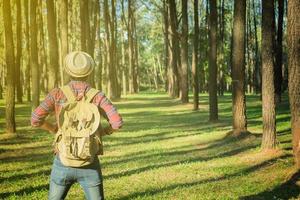 joven viajero con mochila brazo abierto relajante al aire libre en el fondo fir park vacaciones de verano y concepto de senderismo de estilo de vida foto