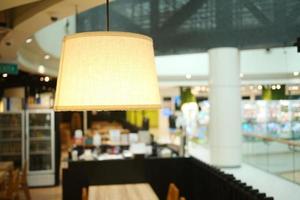 a lamp in a cafe against light green wall photo