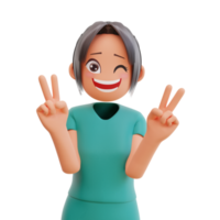 3d illustration cute nurse shows peace sign gesture laughing and smiling posing happy png