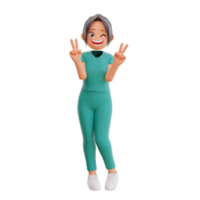 3d illustration cute nurse shows peace sign gesture laughing and smiling posing happy png