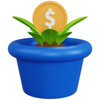 3d rendering blue flower pot with dollar coins isolated png