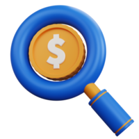 3d rendering magnifying glass with dollar coins isolated png