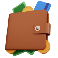 3d rendering brown wallet with money and credit card isolated png