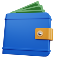 3d rendering blue wallet with three bills isolated png