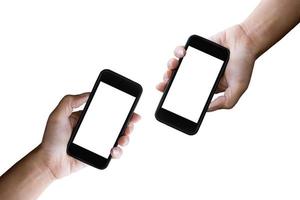 Two hands holding horizontal the black smartphone with blank screen, isolated on white background. photo