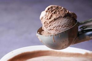 chocolate ice cream scoop isolated on black background photo