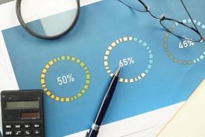 financial graph, calculator and notepad on table photo