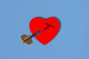 Blue dart hit to center of dartboard in form of heart. Arrow on bullseye in target. 3d realistic illustration. The concept of love. photo