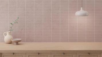 Minimal counter mockup background in Japan style with bright wood counter and pink beige tile wall. Kitchen table. photo