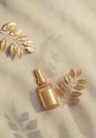 Abstract minimal background with sand and gold leaf for product presentation. Natural fashion. Decoration. 3D render. photo