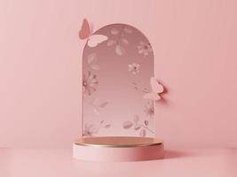 Abstract minimal background for product presentation with pink butterfly flower leaf. Fashion podium. 3D render. photo