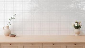 Minimal counter mockup background in Japan style with bright wood counter and gloss tile wall. Kitchen interior. photo