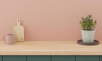 Minimal counter mockup for product presentation background with green counter bright wood top and pink wall. photo